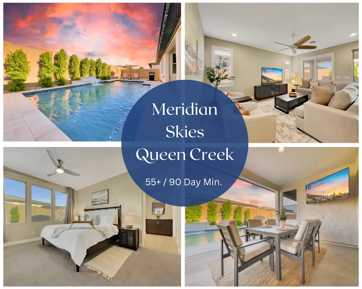 The image showcases a serene backyard featuring a sparkling heated pool, a stylish outdoor dining area set for alfresco meals, and a glimpse into a cozy living room. The scene is bathed in the warm glow of a vibrant Arizona sunset, creating a tranquil and inviting atmosphere ideal for relaxation and entertaining.